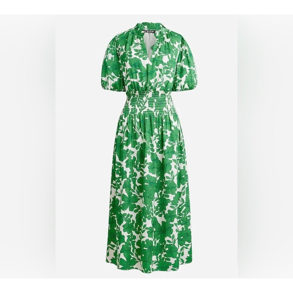 J Crew Smocked-Waist Short Sleeve Midi Dress in Greenhouse Floral Size Small‎